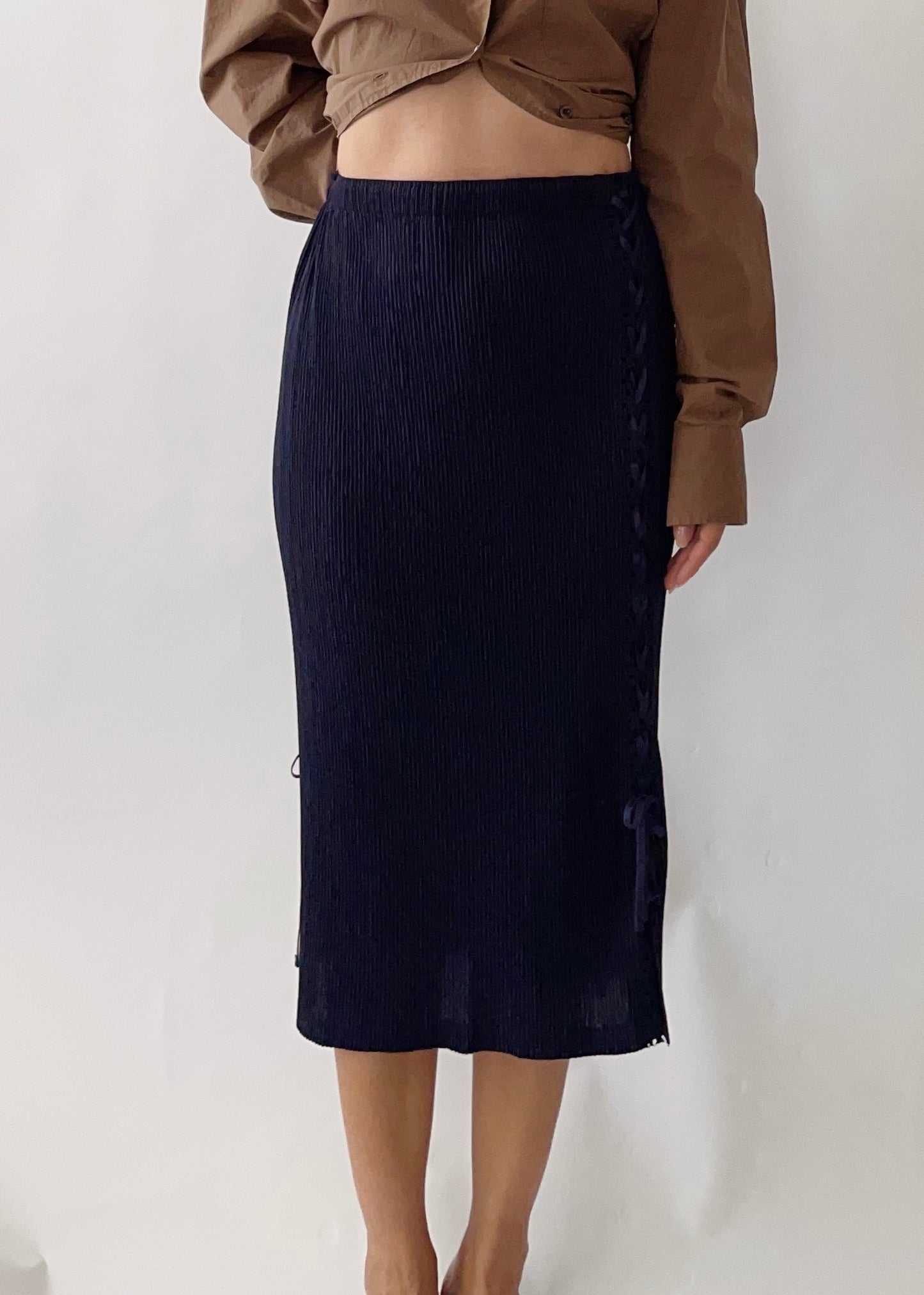 1990s Issey Miyake Navy Bow Midi Skirt