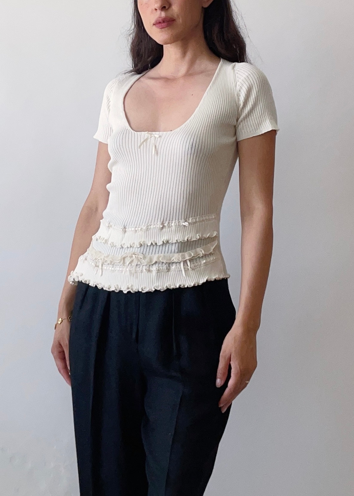 90s Anna Molinari Cream Summer Knit Top