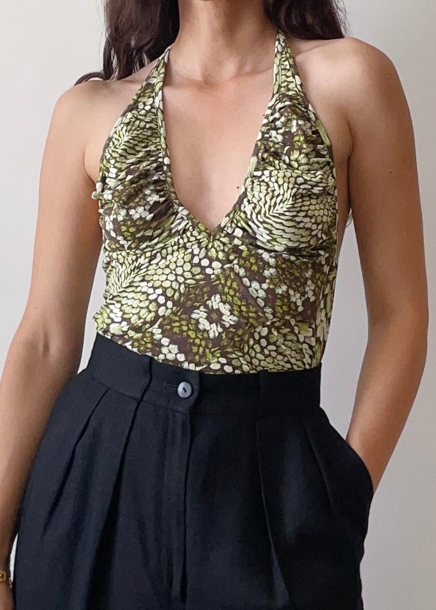 2000s Just Cavalli Snakeprint Green Halter Top